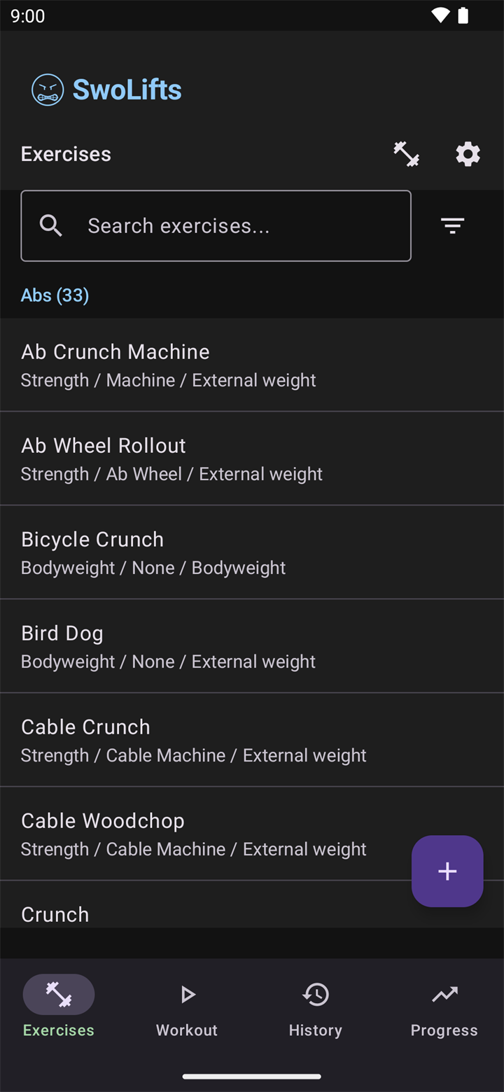 SwoLifts Exercises tab showing search, filters, and exercise list