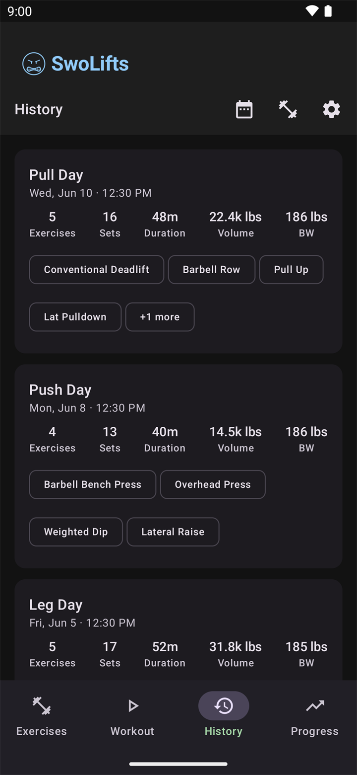 SwoLifts History tab showing completed workouts with stats and exercise chips