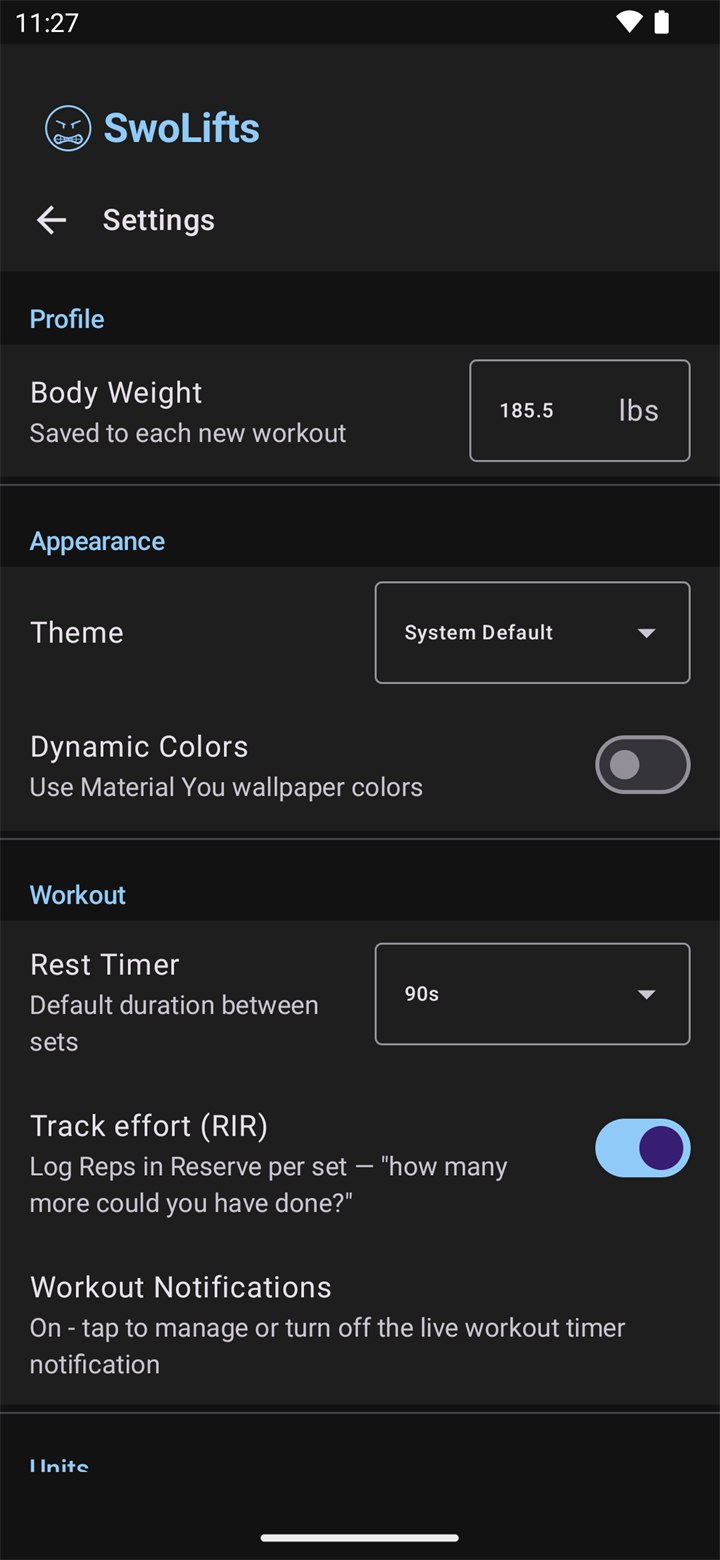 SwoLifts Settings screen showing bodyweight, theme, rest timer, and RIR options