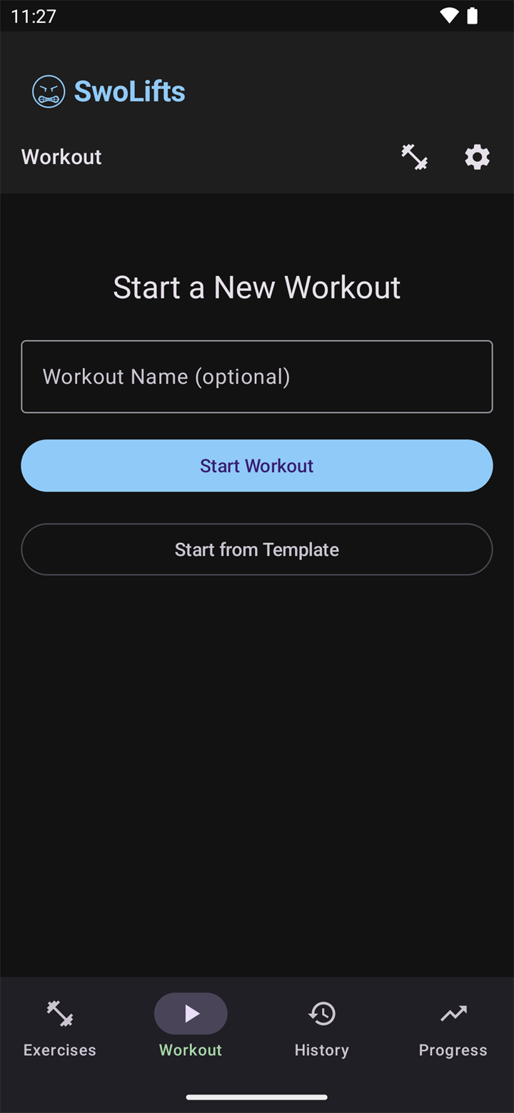 SwoLifts Workout tab showing start workout and template options