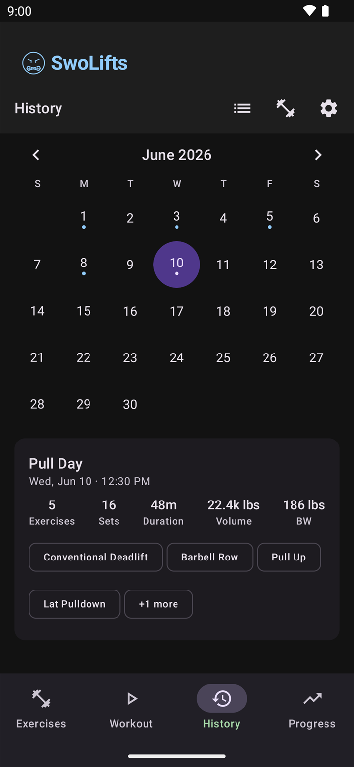 History calendar view with workout day indicators