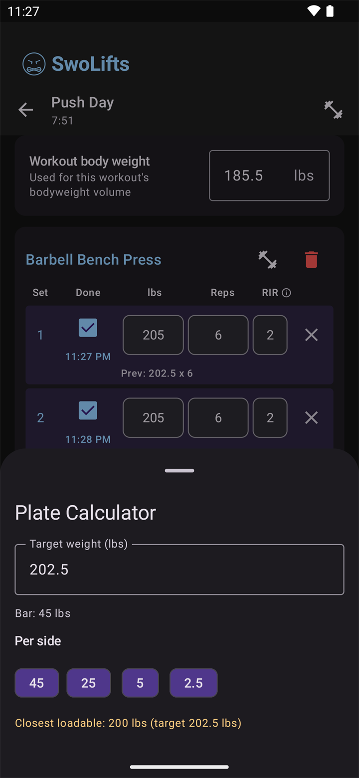 Plate calculator showing per-side plates for a target weight