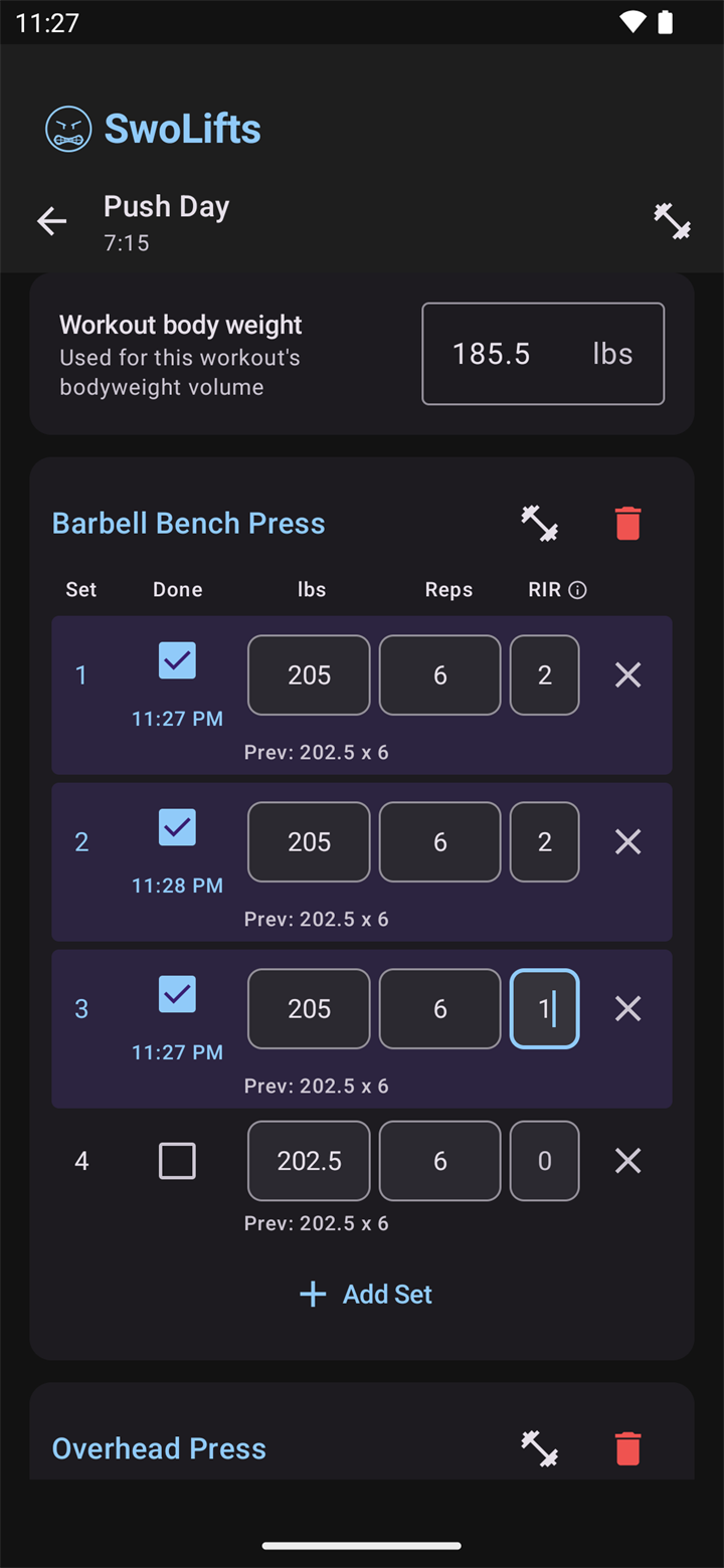 SwoLifts active workout screen